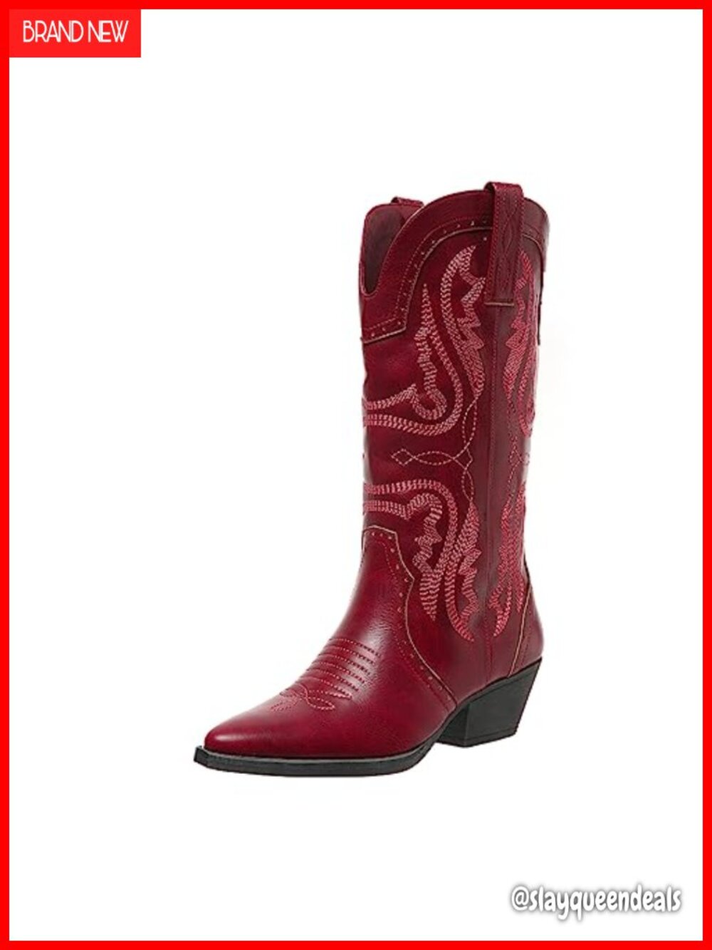 Women's Western Cowboy Boots Mid Calf Chunky Heel Snip Toe PU Leather